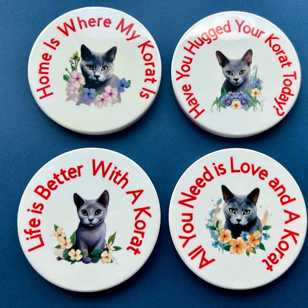 Korat Cat Themed Coasters Set NWOT
